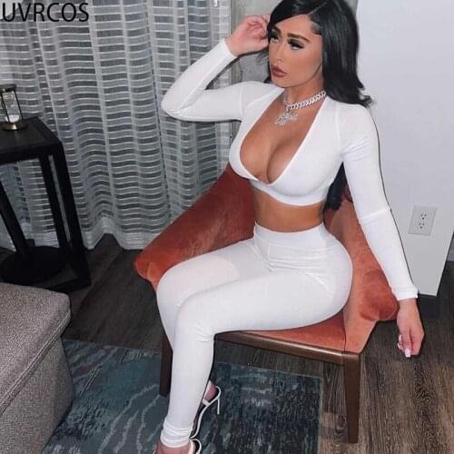 UVRCOS Solid Pants Sets 2021 Fashion Half Open Collar Hollow Out Low Chest Sexy Cleavage Long Sleeve 2 Piece Sets Womens Outfits