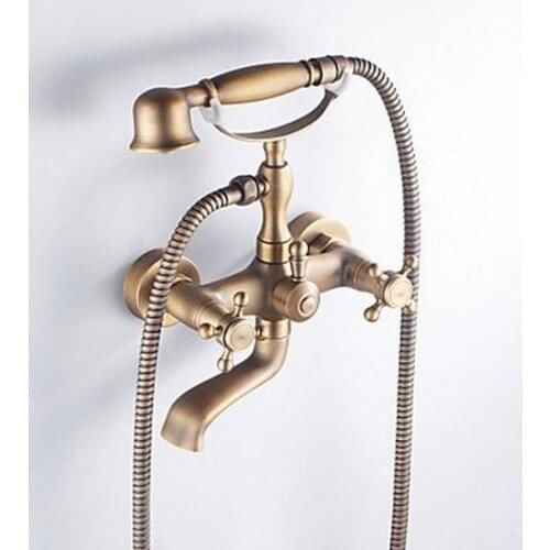 Retro Antique Brass Double Cross Handles Wall Mounted Bathroom Clawfoot Bathtub Tub Faucet Mixer Tap w/Hand Shower ars019