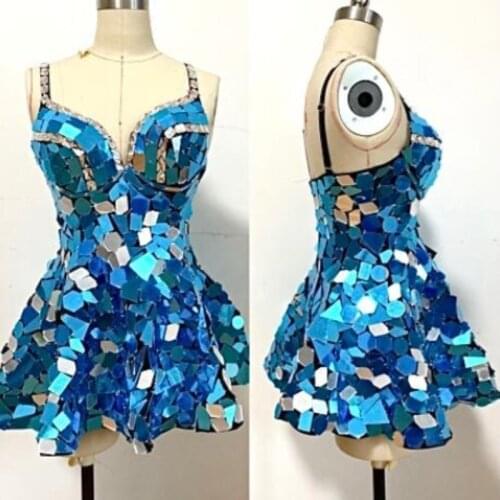 2021 New Sexy Women Mirror Sling Dress Edm Jumper Lens Suspender Skirt Rhinestone Performance Big Swing Skirt Party Girl Costume