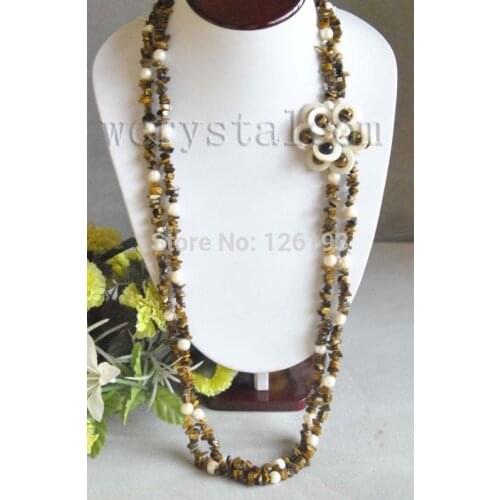 2 Strand Tigers Eye Stone White Pearl Shell Flower Necklace Long 38"