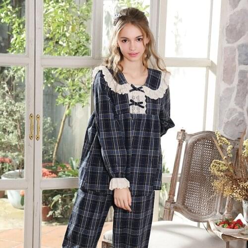 Pajama Girl Spring Autumn Pure Cotton Checked Princess Style Lady Pajama Girl Long Sleeve Court Homewear Lounge Negligee Pajamas