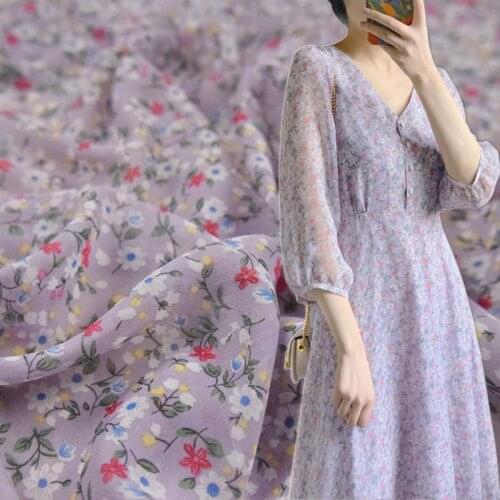 Half Meter Light Purple Little Flower Print Chiffon Fabric For Dress Shirt Ladys Garment T1402