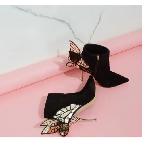 Autumn newest butterfly designs high heel boots pointed toe thin heels woman boots wings pattern ankle boots