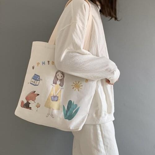 Cute Girl Printed Canvas Large Tote Bag for Women Shoulder Shopper Korean Cartoon Ulzzang Cotton Cloth Reuseable Shopping Bags