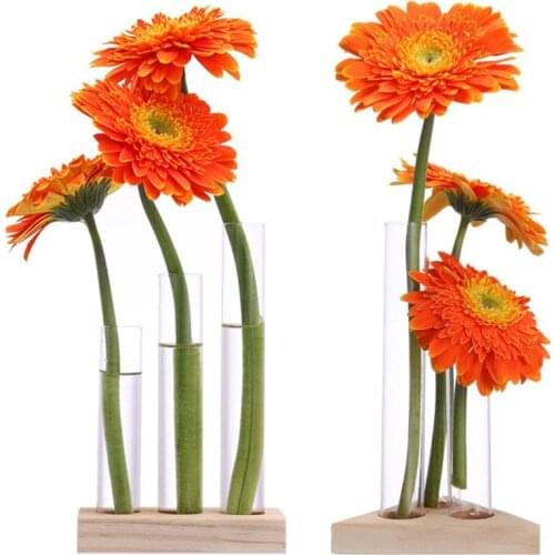 Flower vase glass tubes clear glass flower pot with wooden stand for hydroponic plants test tubes container home table decor
