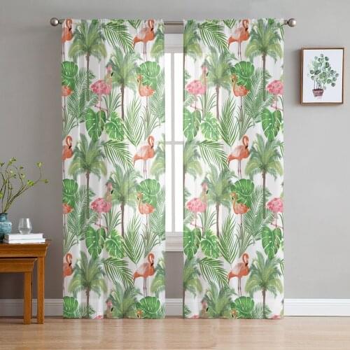 Flamingo Palm Leaves Window Treatment Tulle Modern Sheer Curtains for Kitchen Living Room the Bedroom Curtains Decoration