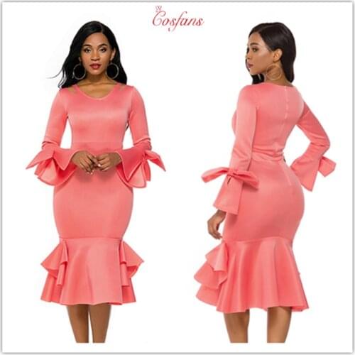 Party Dress Hollow Out Shoulder Ruffles Long Sleeves with Bowtie Elegant Slim Evening Dating Robes Female Tunics for women party