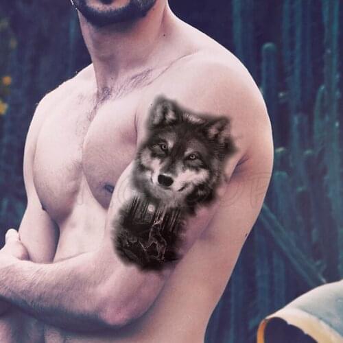 Temporary Tattoo Stickers Black Wolf Forest Moon Fake Tatto Waterproof Tatoo Back Leg Arm Belly Big Size for Women Men Girl