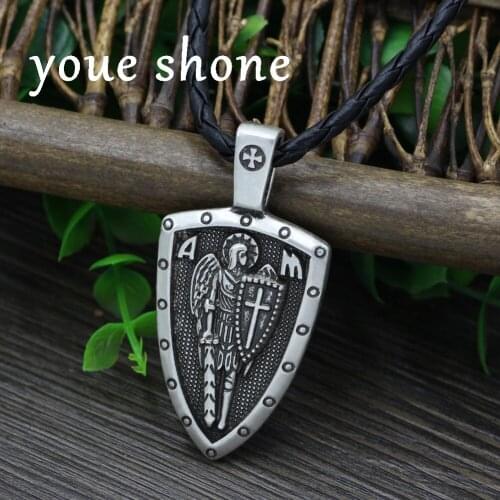 Youe shone ST.MICHAEL ARCHANGEL CROSS SHIELD PRAYER MEDAL Amulet Knot PENDANT NECKLACE