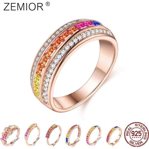 ZEMIOR Ring For Women 925 Sterling Silver Variety Inlay Colorful Zirconia Rings Rainbow Style Engagement Party Gift Fine Jewelry
