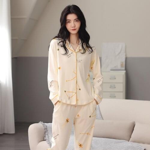 Spring And Summer Fashion Leisure Printed Modal Women Pajama Turn-Down Collar Cardigan Long Sleeve Trousers Home Wear Nightwear