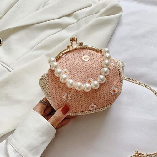 Womens bag Shoulder rattan summer vintage pearl boho pink straw beach designer handbags for women 2020 crossbody clear purse