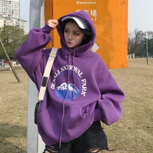 Harajuku Fashion Snow Mountain Letter Print Women Hoodies Long Sleeve Loose Hooded Pullovers Plus Velvet Thick Women Sweatshirt