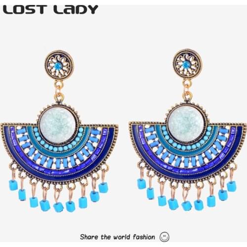 Lost Lady Bohemian Fan Shape Tassel Dangle Earrings Vintage Statement Woman Earring Hanging Party Jewelry Gift Wholesale