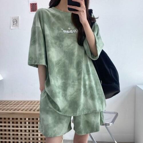Retro Brand Green Tie Dye Cotton Two Piece Sets Women Comfort Tracksuit 2021Summer Casual Plus Size Shorts T-shirt Teens Clothes