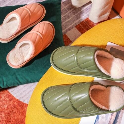 Winter Women Indoor Non-slip Slippers Lover Winter PU Warm Shoe Males Cotton Slides Female Waterproof Fashion Slippers 2021 New