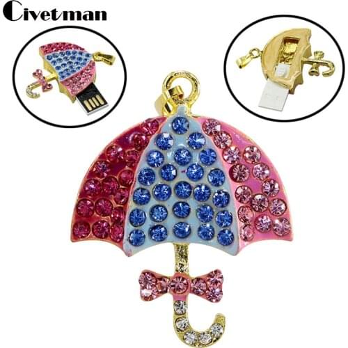 USB Flash Drive 8GB 16GB 32GB 64GB 128GB Pendrive 256GB USB 2.0 Drive Diamond Crystal umbrella Necklace Pendant USB Memory Stick