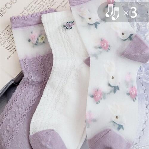 2021 Caramella New Women Silk Cotton Socks 3 pairs/lot ins Retro Series Spring and Summer Purple Rabbit Cotton Ladies Socks