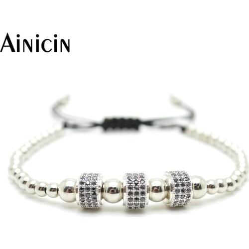 5pcs Never Fade Silver Plated 4mm Copper Round Beads Black CZ Setting Hand-knitted Fashion Women Adjustable Bracelets