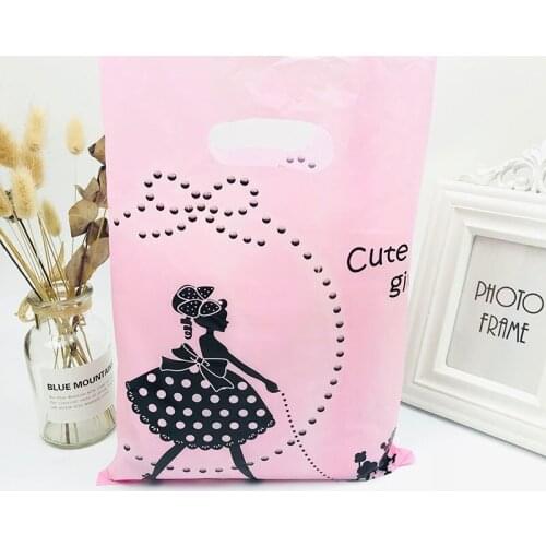 50pcs/lot 25x35cm Cute Girl Print Pink Large Plastic Gift Bag Jewelry Boutique Gift Packaging Plastic Shopping Bags With Handle