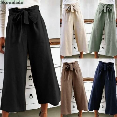 Newest women cotton linen pants long solid color bow belt design famous ady pants good quality soft linen wide legs trousers nic