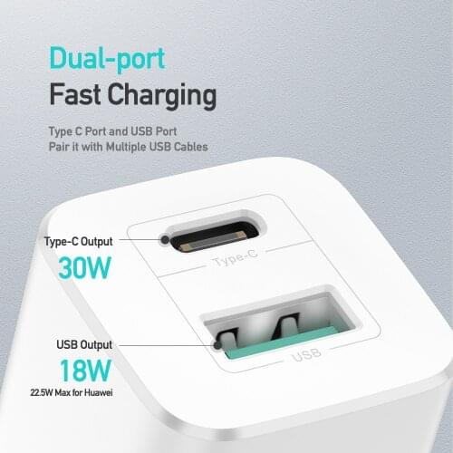 For Apple Android Super Si Fast War Charger PD30W+QC18W Dual-Port Type-C+USB-A EU Adapter Travel Charger DUX DUCIS Patent Design