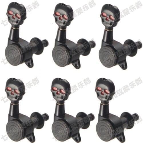 6R Black Inline Locked String Guitar Tuning Pegs keys Tuners Machine Heads for Electric Guitar,Skull Head Button