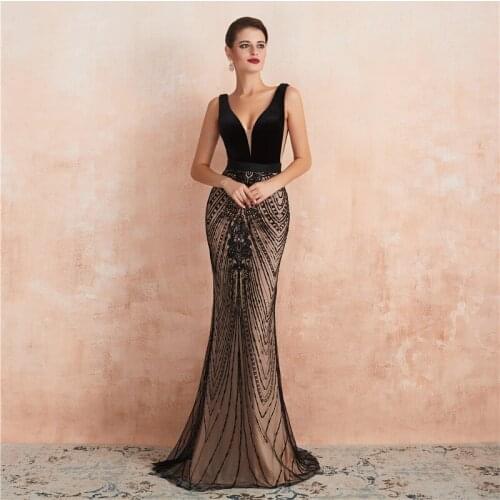 In Stock Black Champagne Lace Deep V-Neck Backless Gala jurken Mermaid Prom dresses long Vestidos de fiesta de noche 37358