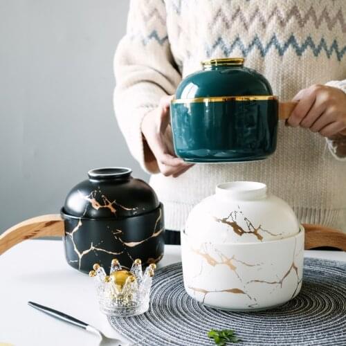 2pcs European Art Light Luxury Emerald Ceramic Instant Noodle Bowl with Lid Home with Wooden Handle Dessert Salad Bowl Tableware