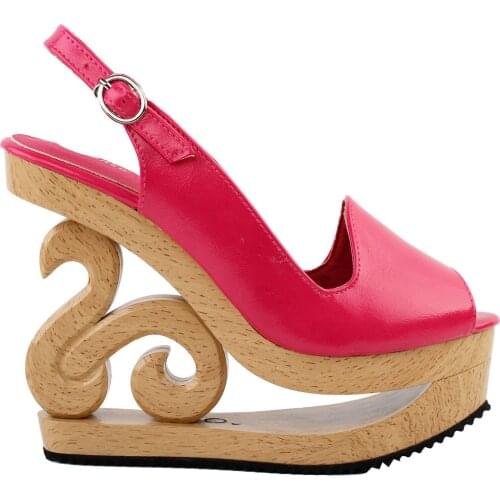 LF30835 Hot Pink Curve Buckle Slingback Open Toe Stud Wooden Wedge Platform Clogs Sandal