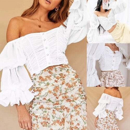 Hot kf-Solid Color Tube Top One-Word Collar Pleated Flared Sleeves Off-Shoulder Short Top Lace Tight-Fitting Fashion Tops
