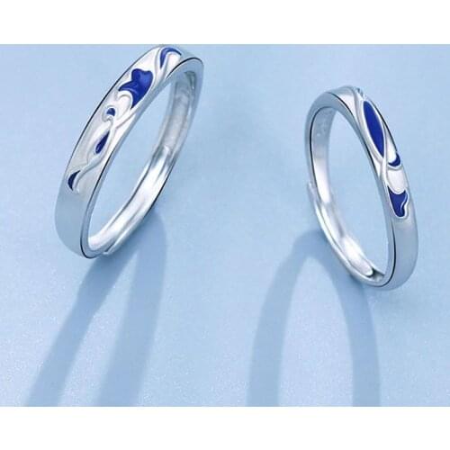 Fashion Couple S925 Silver-plated Personality Epoxy Deep Sea Wave Adjustable Rings Love Anniversary Gift R078