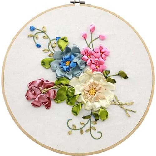 Embroidery Beginner Kit Diy Floral Silk Ribbon Chinese Farmhouse Embroidery Beginner Kit Cross Stitch Stamped 3D Embroidery Kit