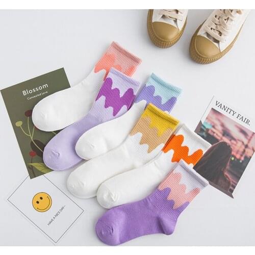 Womens cotton socks, spring fashion, kawaii, middle tube, Japanese-Korean style, college, water ripple, casual, cute
