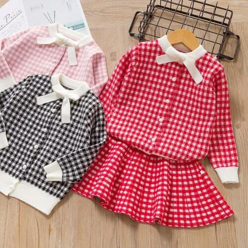Girls Dress clothes Winter Geometric Pattern Dress Long Sleeve Girls Clothes Top Coat+ Tutu Dress Sweater Knitwear 2pcs skirt