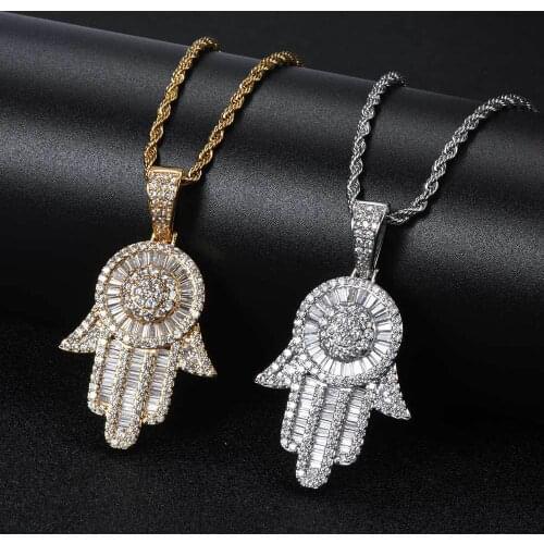 Iced Zircon Hamsa Hand Pendant Copper Material Gold color Fatima Palm Pendants Necklace Hip Hop Jewelry For Mens Women