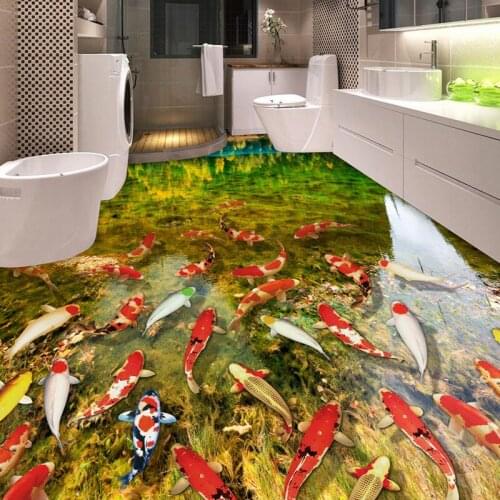 Custom Waterproof Self-adhesive 3D Floor Murals Lake Water Carps Bathroom Bedroom Floor Sticker PVC Vinyl Wallpaper Home Decor