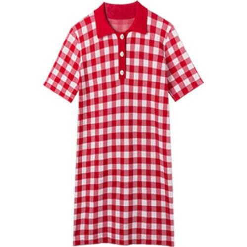 PERHAPS U Red Blue Paid Knitted Dress Turn Down Collar Button Short Sleeve Mini Summer D1146