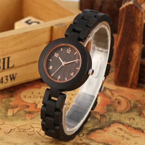Ebony Wood Lady Bracelet Watch Quartz Movement Rose Gold Analog Display Trendy Slim Full Wooden Bangle Female Watches Gifts