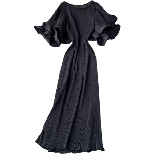 2021 New Spring Summer Women Double Layer Ruffles Speaker Sleeve Loose Long Dress Sweet Solid Color Pleated Dress