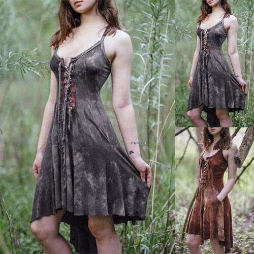 Halloween Medieval Vintage Gothic Punk Witch Dress Slim Printed Costume Adult Women Bust Lace Up Sexy Sling Dress 5XL Plus Size