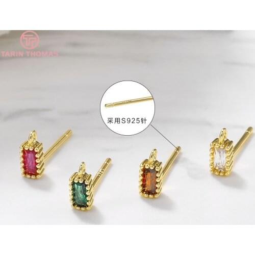 6PCS 3x7MM 24K Gold Color Brass with Zircon Rectangle Shape Stud Earrings High Quality Diy Jewelry Findings Accessories