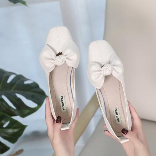 Fairy style single shoe girl spring and autumn new flat bottom one foot shallow mouth grandma shoes bow knot sweet bean shoes