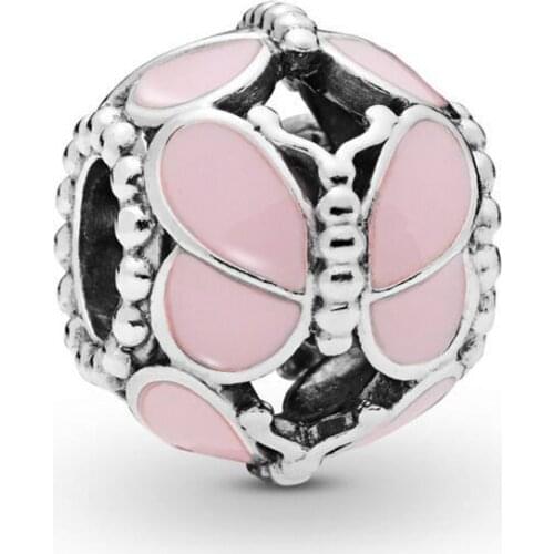Free Shipping Authentic 925 Sterling Silver Pink Butterflies Charm Fit Original Pandora Bracelet For Women DIY Jewelry Bead