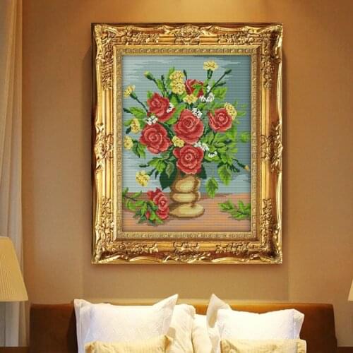 Free shopping Rose vase Cross Stitch Kits Flowers Printed patterns canvas Bedroom Embroidery Needlework set Easy Handmade