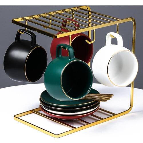 European Creative Porcelain Coffee Cup Set with Handle Color Ceramic Tea Cup Holder Gold Tazza Ceramica Home Drinkware LL50CC