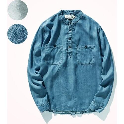 2021 Autumn Japanese Retro Round Neck Casual Pullover Shirt Mens Fashion Loose Washed Old Light Blue Nostalgic Denim Blouses