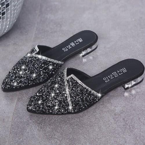 Fashion Crystal Bling Mules Slippers Women Shoes Female Mules Shoes Square Low Heels Elegant Shoes Woman Slipper Casual Shoes