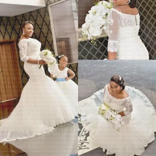 2020 New African Amazing Backless Lace Mermaid Wedding Dress Plus Size Half Sleeves Bridal Gown Wedding Gowns