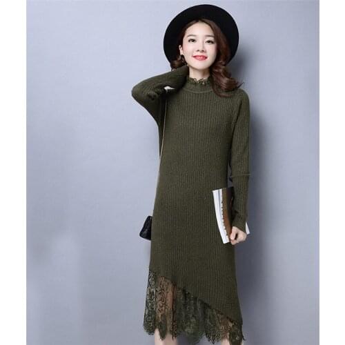 New Autumn Winter Women Turtleneck Sweater Dress Lace Patchwork Knitted Dresses Female Long Sleeve Bottom Long Vestidos AB1625